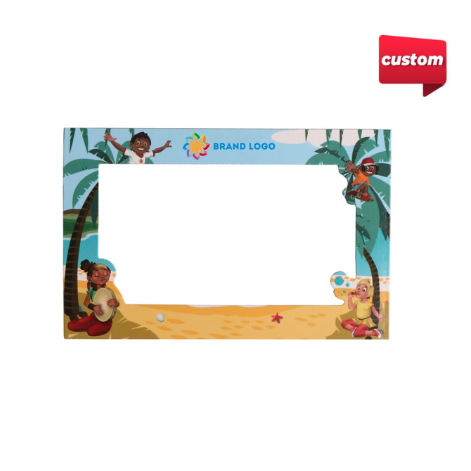 A custom-shaped fridge magnet featuring a beach scene with palm trees and playful characters, in vibrant colours.