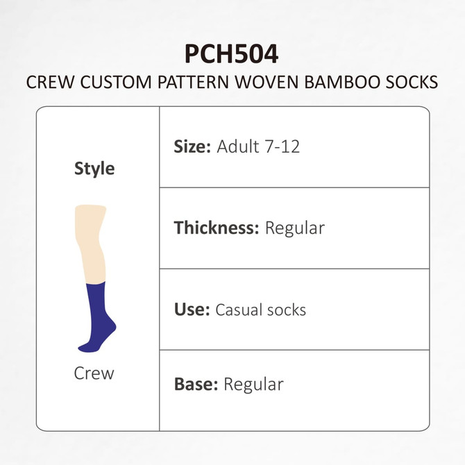 Crew custom pattern woven bamboo socks in blue, suitable for adults size 7-12, featuring a regular thickness.