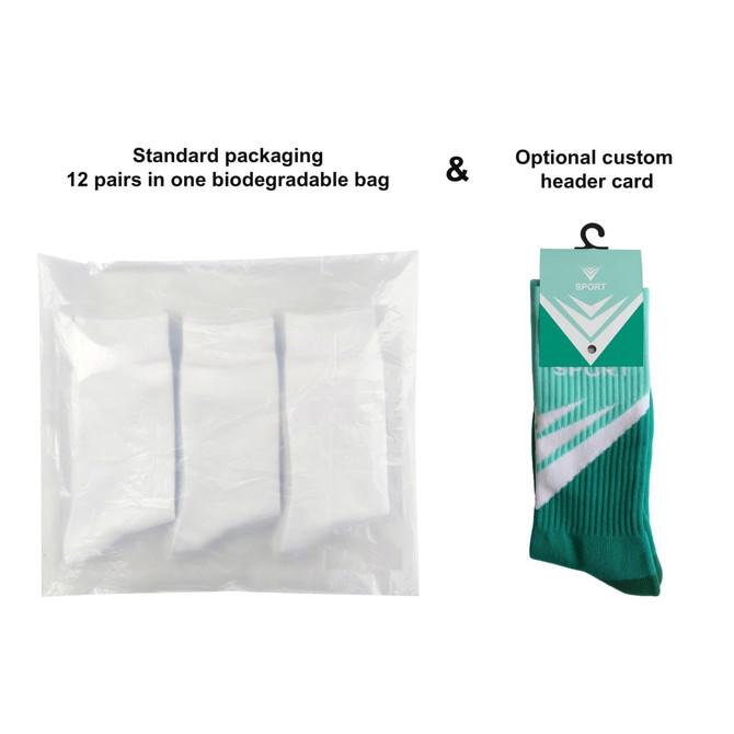 Crew woven sport socks with a towel bottom, featuring a teal and white design, packaged in a biodegradable bag.