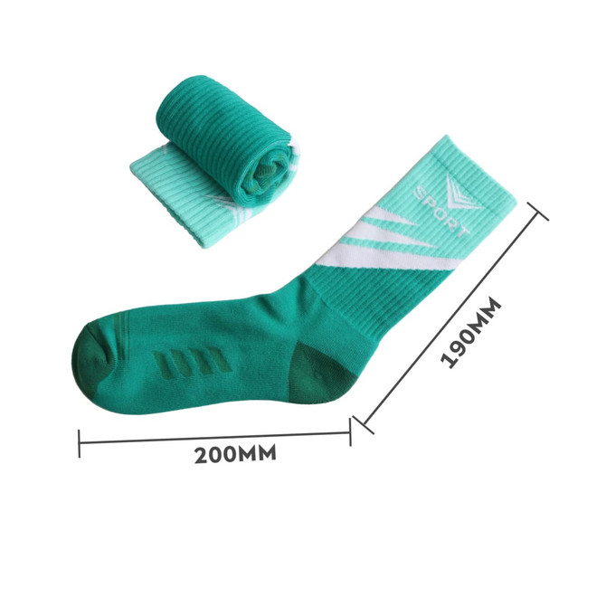 Crew woven sport socks in teal, featuring a towel bottom and a rolled version beside it. Includes a logo.