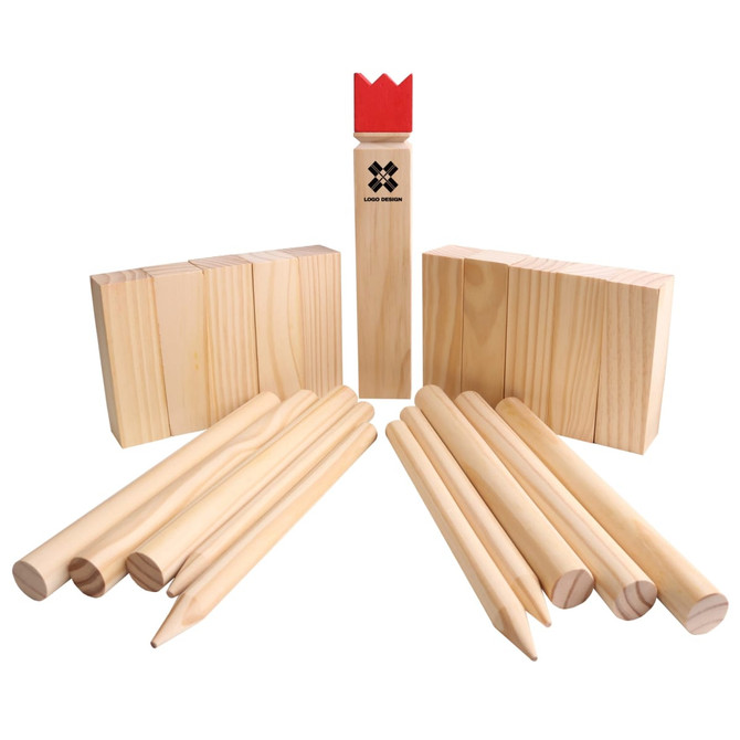 A Premium Wooden Kubb Set featuring natural wood blocks and pins, including a crown-topped king piece.