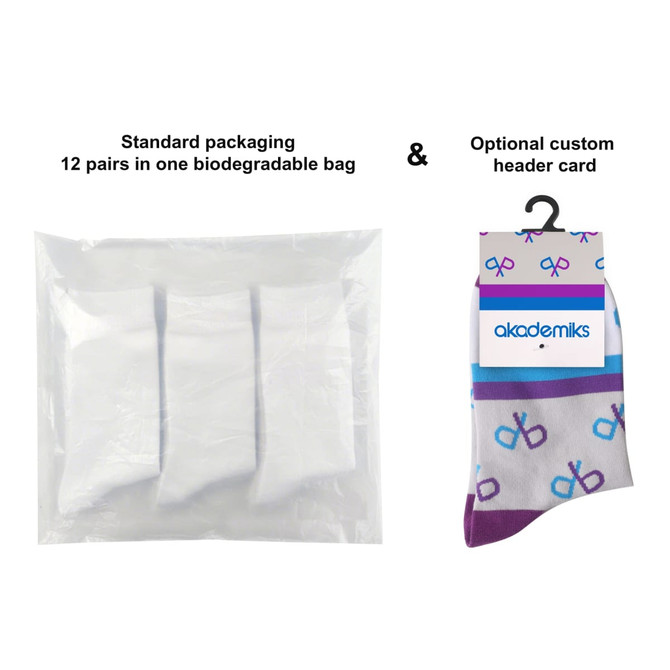 A pack of 12 pairs of ankle socks in a biodegradable bag, featuring a custom header card.