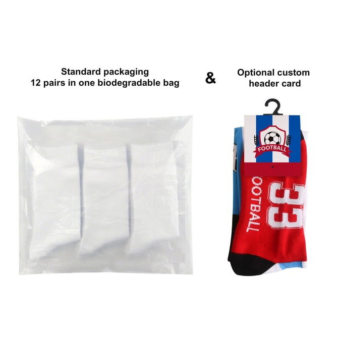 Knee high football socks in red and blue, displayed in a biodegradable bag with an option for a custom header card.