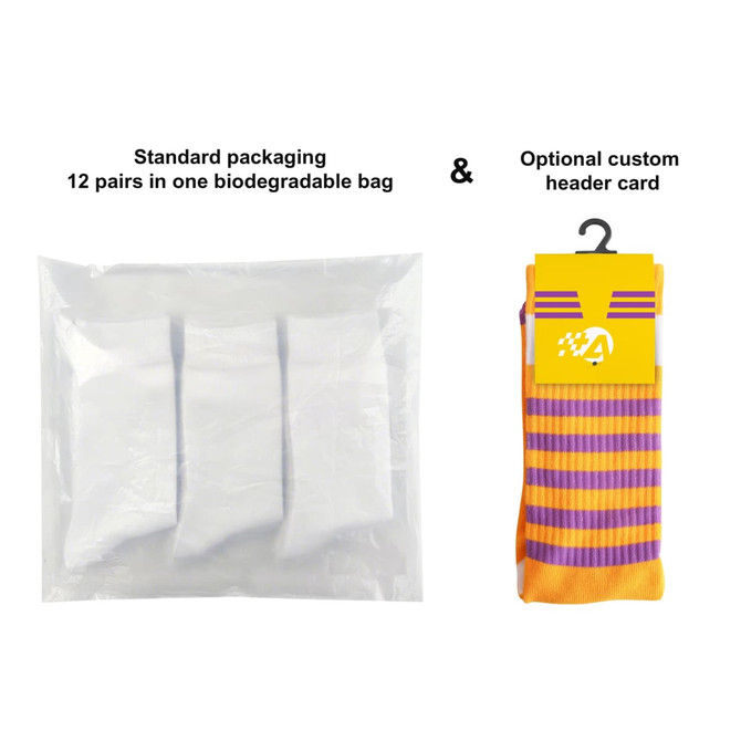 A pack of three pairs of purple and orange woven work socks in biodegradable packaging. Includes an optional header card.