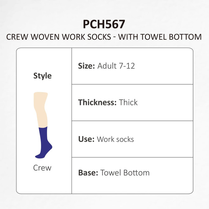 Crew woven work socks in navy blue with towel bottom, designed for adult sizes 7-12, featuring a thick construction.