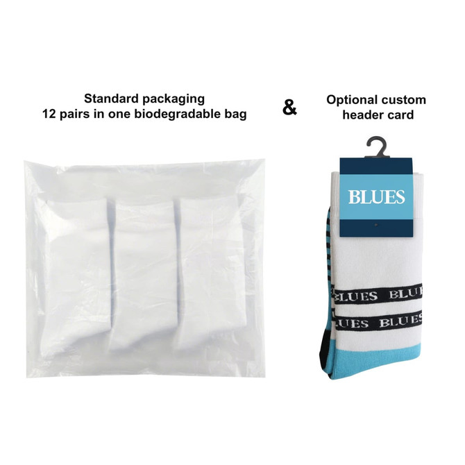 A pack of Crew Woven Bamboo Work Socks in white with a blue and black logo, displayed with biodegradable packaging.