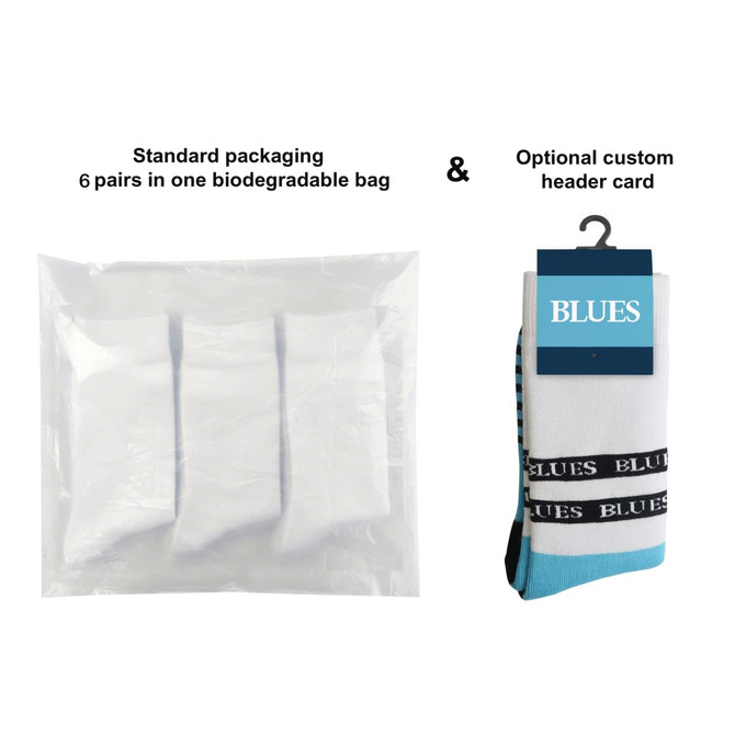 A pack of six pairs of white bamboo work socks, featuring a blue and black striped design and a branded header card.