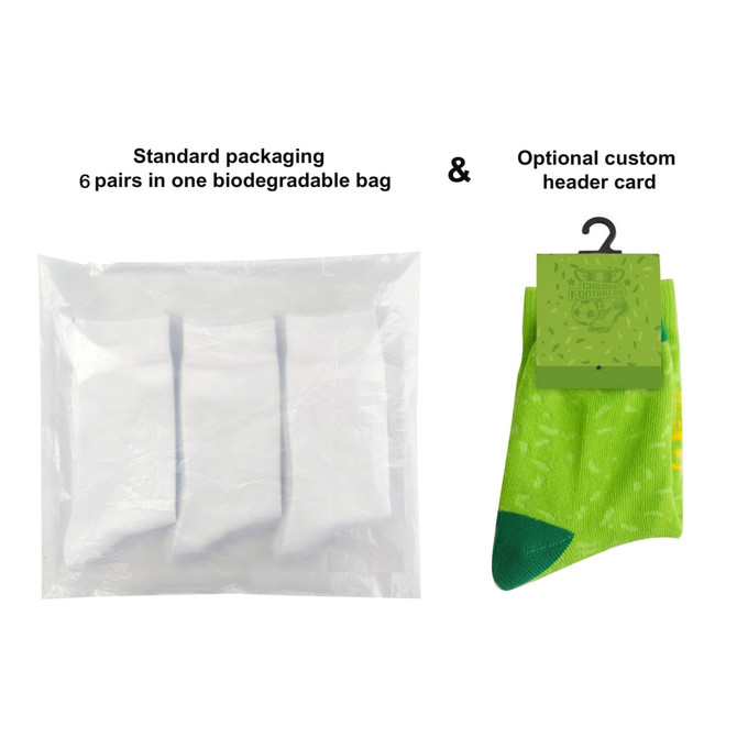 A biodegradable bag containing six pairs of vivid green and white custom pattern football socks.