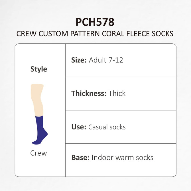 A pair of thick crew socks in coral fleece, suitable for adults size 7-12, featuring a textured pattern.