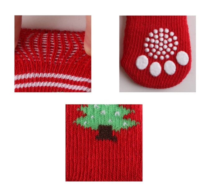 Red pet socks featuring white and green holiday-themed designs, including a tree and dotted grip pattern.