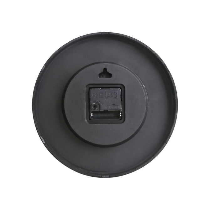 A round black wall clock with a simple design, featuring a back panel with a mounted battery compartment and a hanging hook.