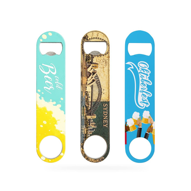 A drink bottle opener featuring three designs: one light blue, one vintage Sydney scene, and one bright blue Oktoberfest theme.