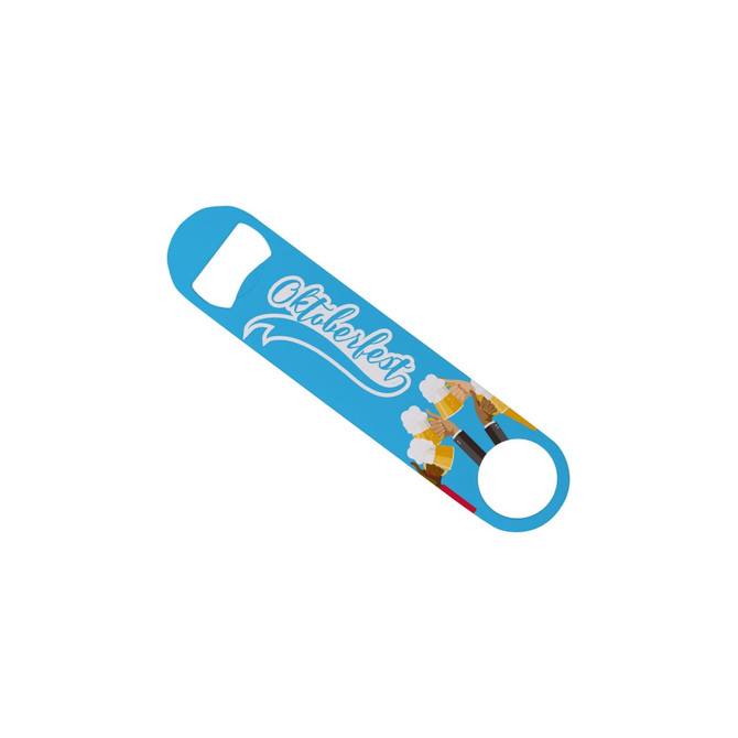A drink bottle opener in blue, featuring illustrations of beer mugs and a logo. It is designed for promotional use.