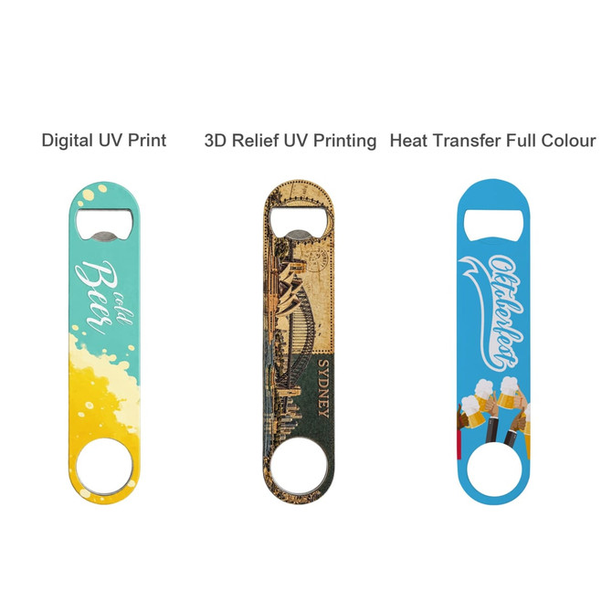 A drink bottle opener featuring three designs: blue, multi-coloured, and featuring an artistic Sydney skyline. Each has a logo.