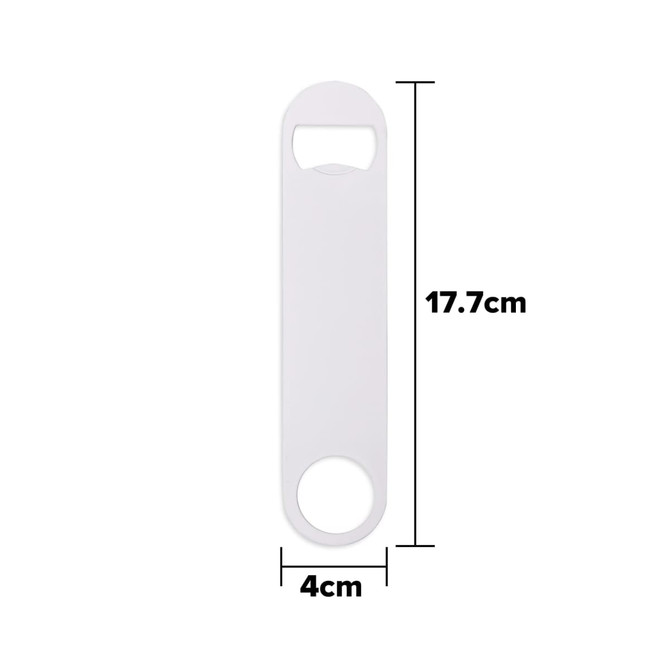 A drink bottle opener in white, featuring a keyring attachment and dimensions of 17.7cm by 4cm.