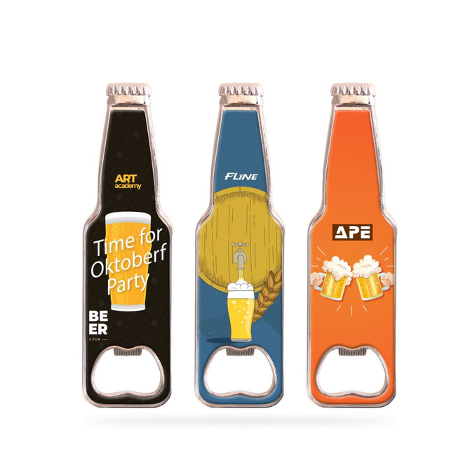 A drink bottle-shaped opener fridge magnet in various colours, featuring illustrations and a logo on each.