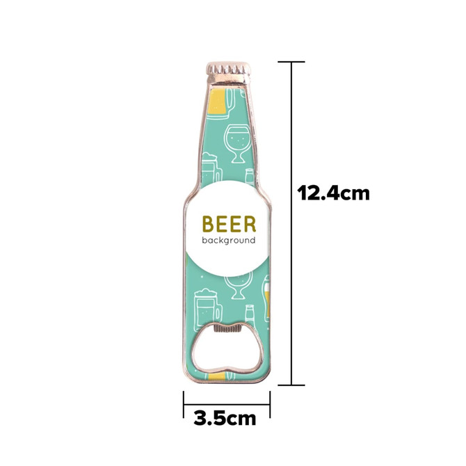 A drink bottle-shaped fridge magnet bottle opener featuring a mint green background with beverage illustrations.