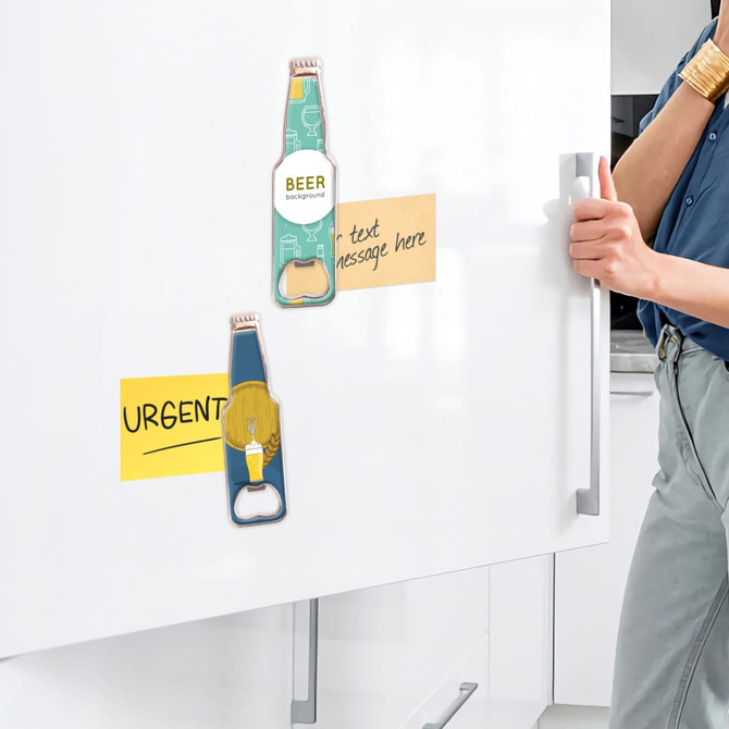 A drink bottle-shaped fridge magnet with a bottle opener feature, in green and yellow with a logo.