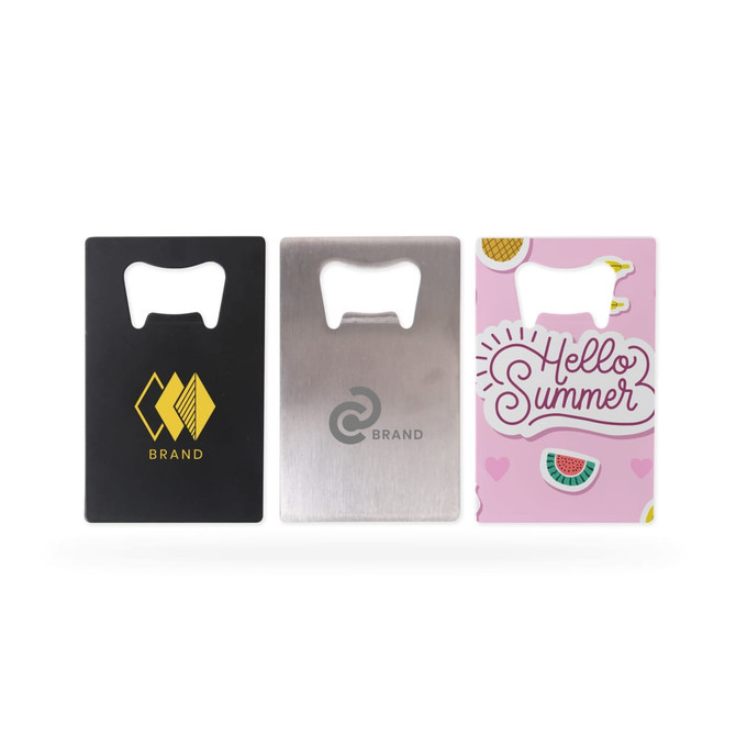 A drink bottle opener shaped like a card, featuring black, silver, and pink designs, with logos on some.