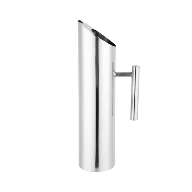 A drink bottle featuring a sleek, polished stainless steel design with a pointed spout and a side handle.