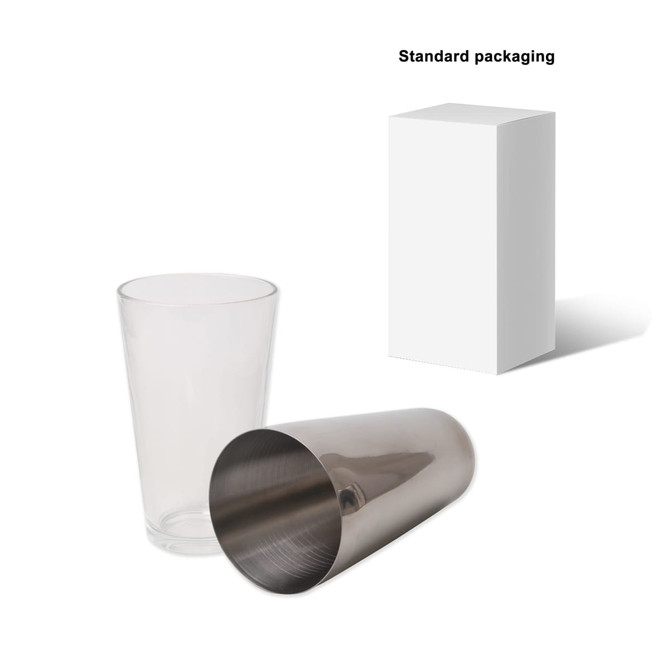 A cocktail shaker set featuring a clear glass and a silver metal shaker, presented in standard packaging.