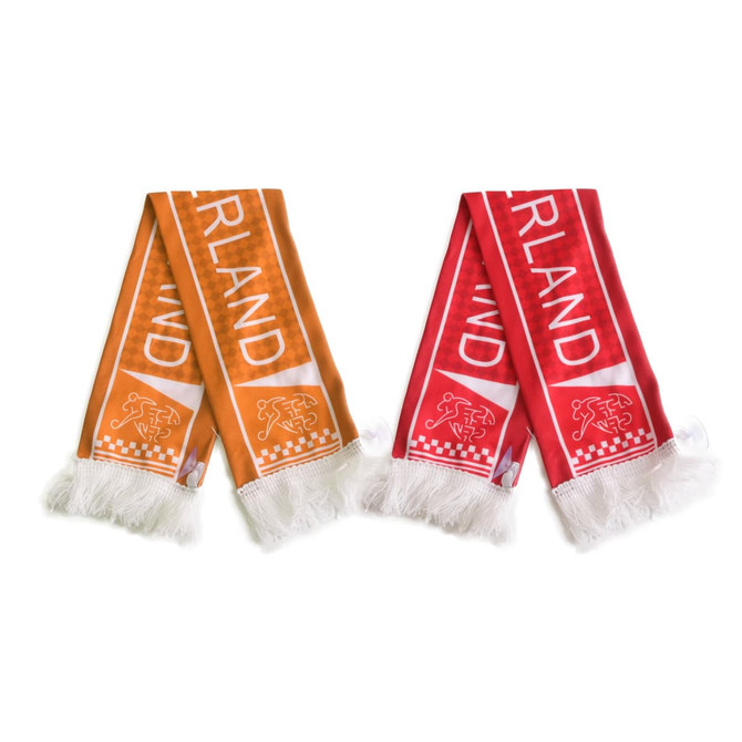 Two scarves in orange and red with white fringing, featuring a logo and text design.