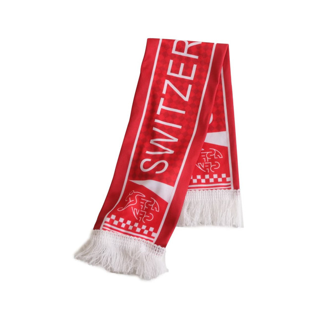 A red scarf with white fringe, featuring a logo and the word "SWITZER". Designed as a clothing accessory.