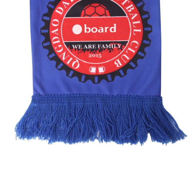 A knitted polyester scarf in vibrant blue with fringed ends and a logo design.