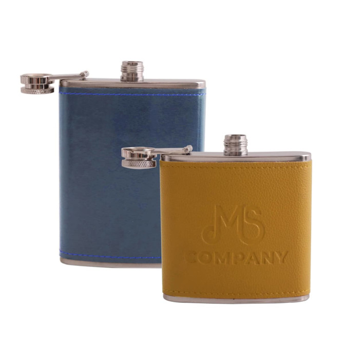A drink bottle featuring two flasks, one blue and one yellow, with a sleek design and a logo on the yellow flask.