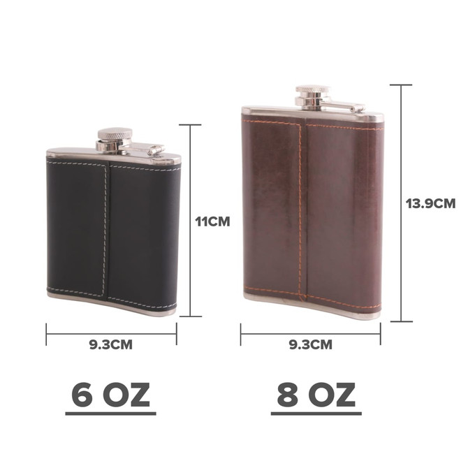 A black and brown classic hip flask set, featuring silver caps and measurements for 6 oz and 8 oz sizes.