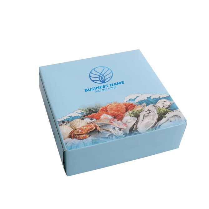 A blue mini tissue box featuring a seafood design and a logo on the top.