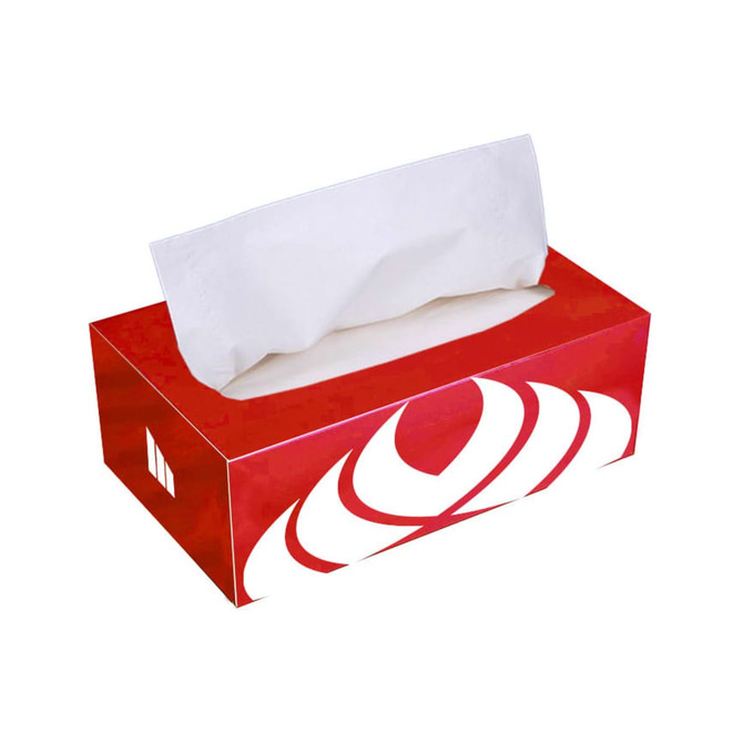 A red tissue box with a white cross-shaped design, featuring a white tissue peeking out from the top.