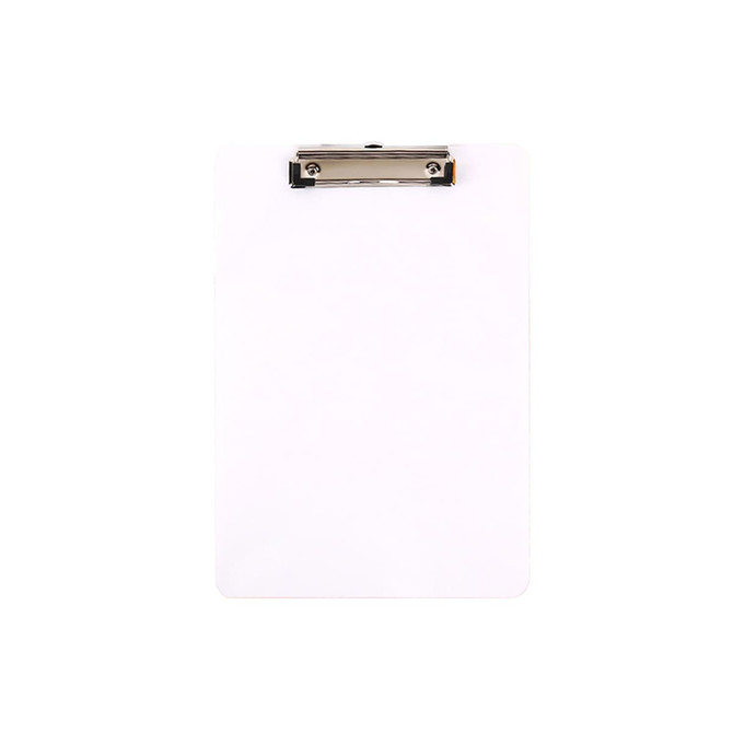 A white clipboard featuring a metal clip at the top and a smooth surface.