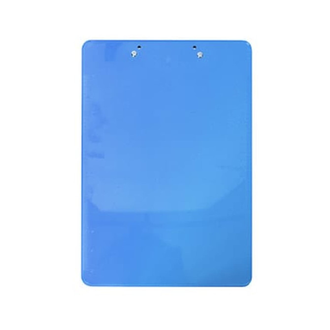 A blue clipboard with two holes at the top for fastening. It has a smooth finish and no visible markings.