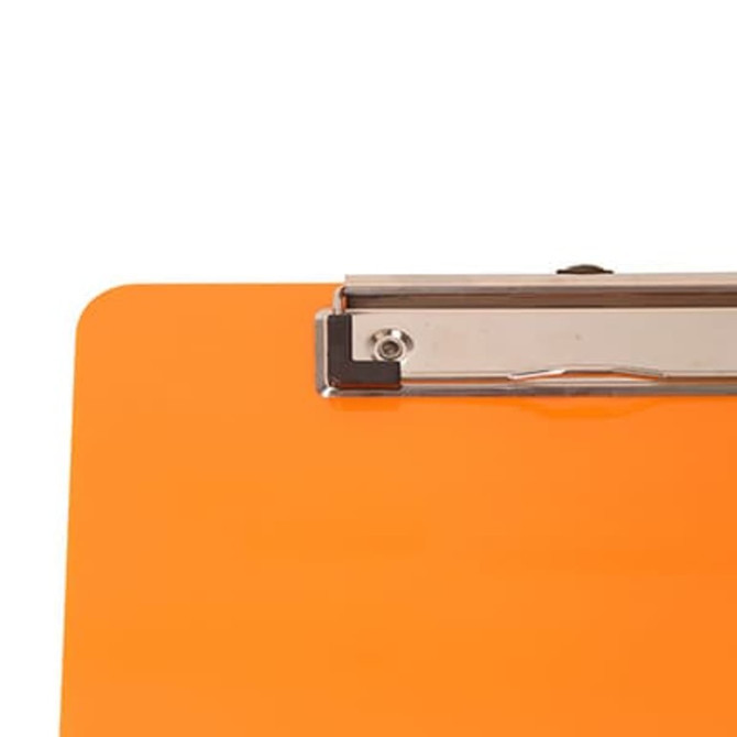 An orange clipboard featuring a silver clip at the top.