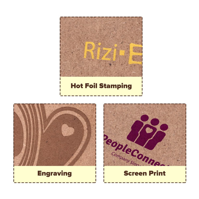 A wooden clipboard featuring various decorative techniques, including hot foil stamping, engraving, and screen printing.
