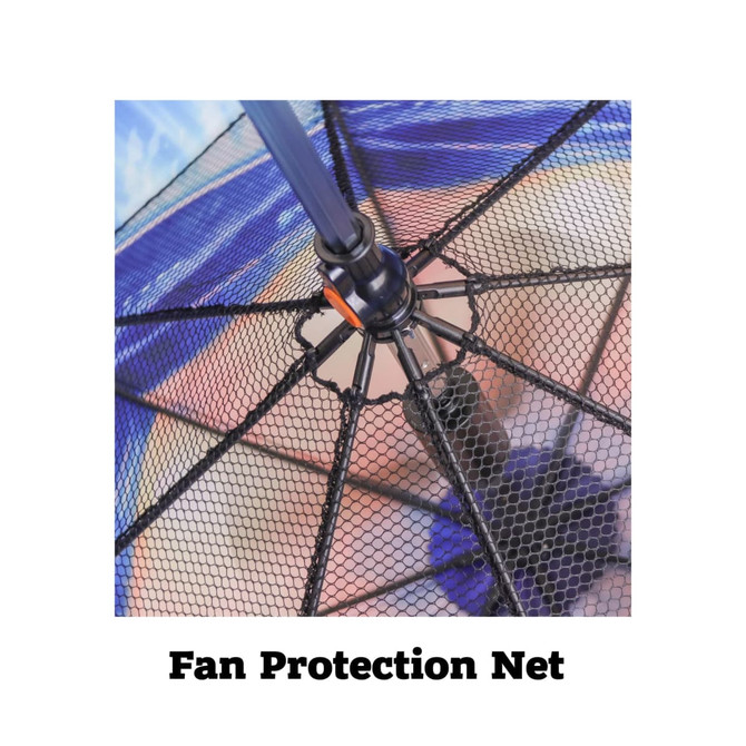 A sport umbrella featuring a black protective net and a fan mechanism, with a vibrant blue interior.