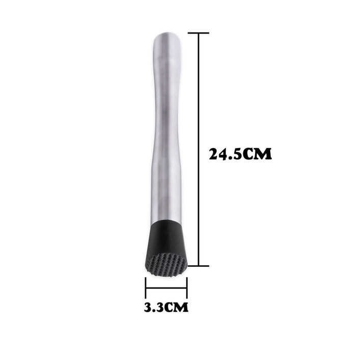 A long stainless steel cocktail muddler with a textured black rubber end, measuring 24.5 cm in length and 3.3 cm in diameter.