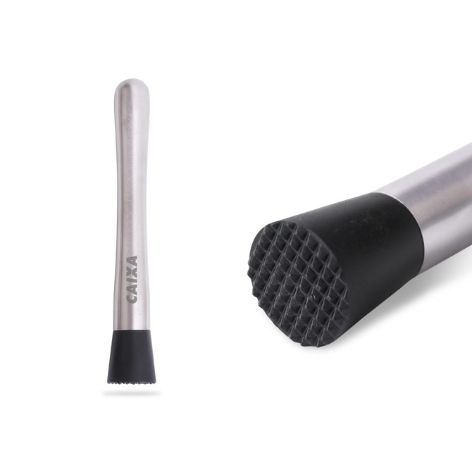 A stainless steel cocktail muddler with a black textured base and a smooth silver handle, featuring a logo.