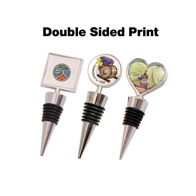 A wine stopper set featuring three designs: a square, a round, and a heart shape, with metallic and rubber elements.