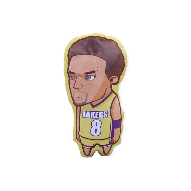 A custom pillow featuring a cartoon character in a yellow Lakers jersey with the number 8.