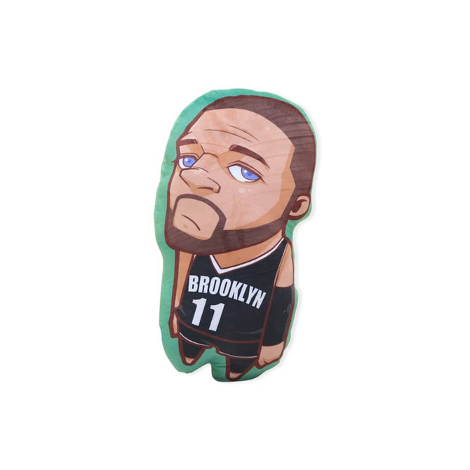 A custom pillow featuring a cartoon character in a black sports jersey with green edges. It includes a logo.