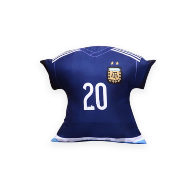A custom pillow shaped like a football jersey in navy blue, featuring a logo and the number 20.