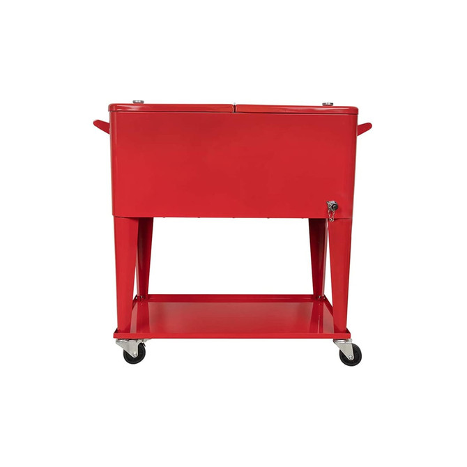A red 75L cooler box trolley with a wheeled base and two handles for easy mobility. It features a large storage compartment.