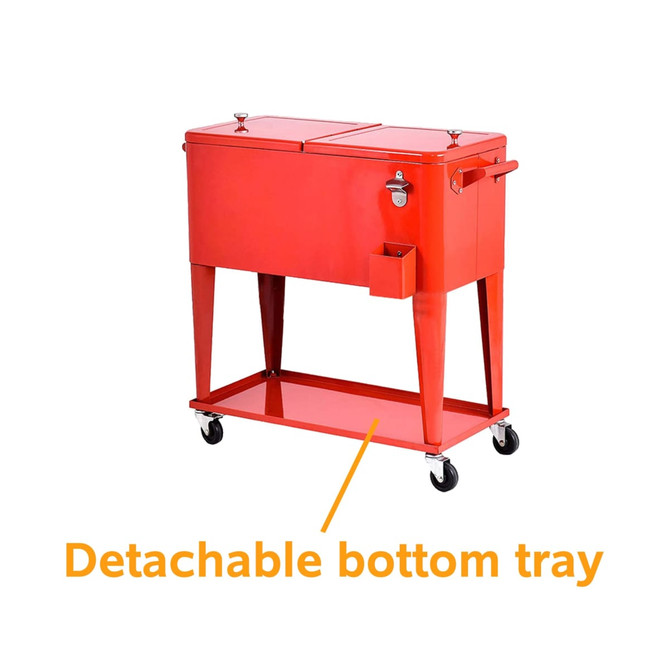 A bright red cooler box trolley with a detachable bottom tray and wheels, featuring a side handle and a tap.