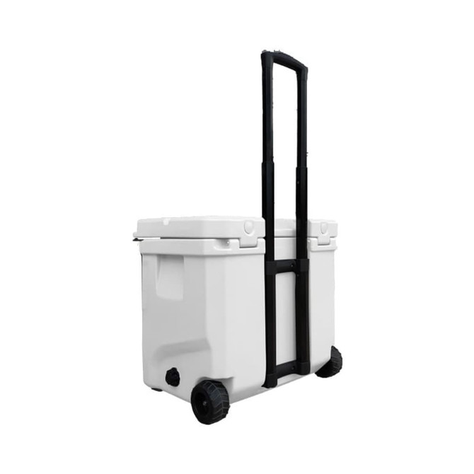 A white cooler box with wheels and a retractable handle, featuring a black strap and wheels for mobility.
