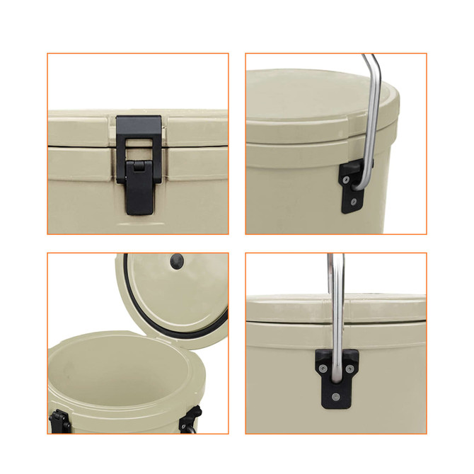A 12L ice bucket in cream colour, featuring a handle and a secure latch on the lid. The product includes a branding logo.