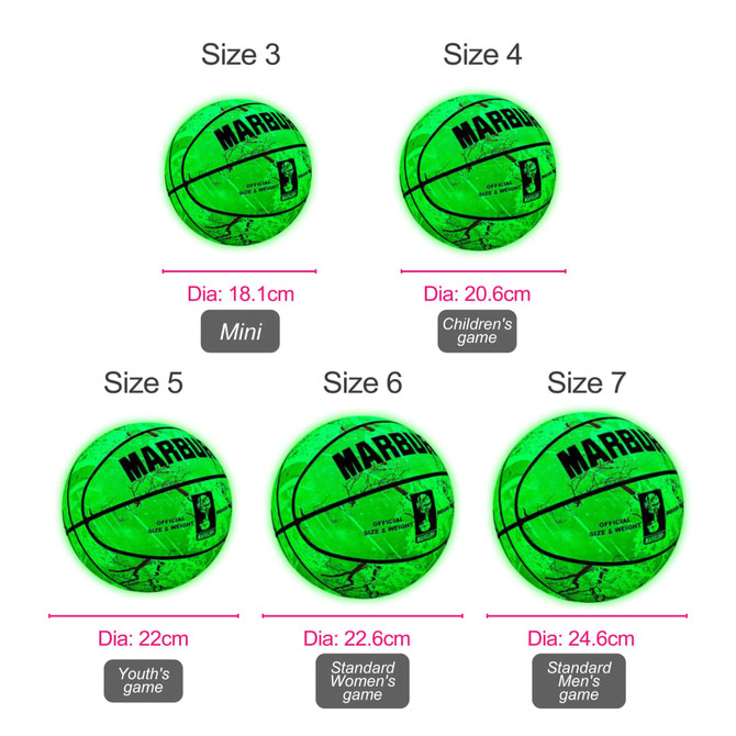 A glowing green PU basketball displayed in various sizes with a logo, suitable for different age groups and genders.