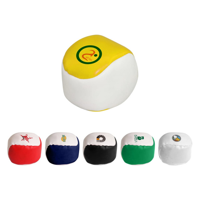 A colourful hacky sack featuring yellow and white, with various coloured designs on other sacks. Includes branding elements.