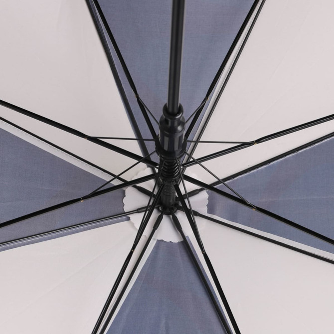 A RPET umbrella with a straight handle, featuring a geometric design in shades of blue and white, with a black frame.